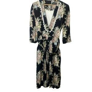 S.L. Fashions 80's Cottagecore Midi Dress Black Floral Belted Big Shoulder